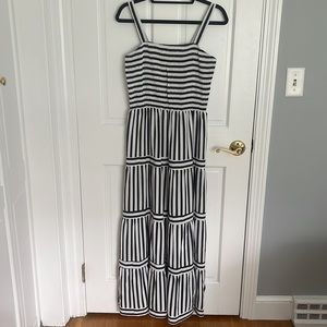 Navy Blue & White Square Neck Maxi Dress Striped Print & Ruffle Hem